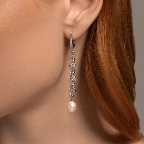 Cercei Suspendați din argint cu Cubic Zirconia Incolor, Perla Albă