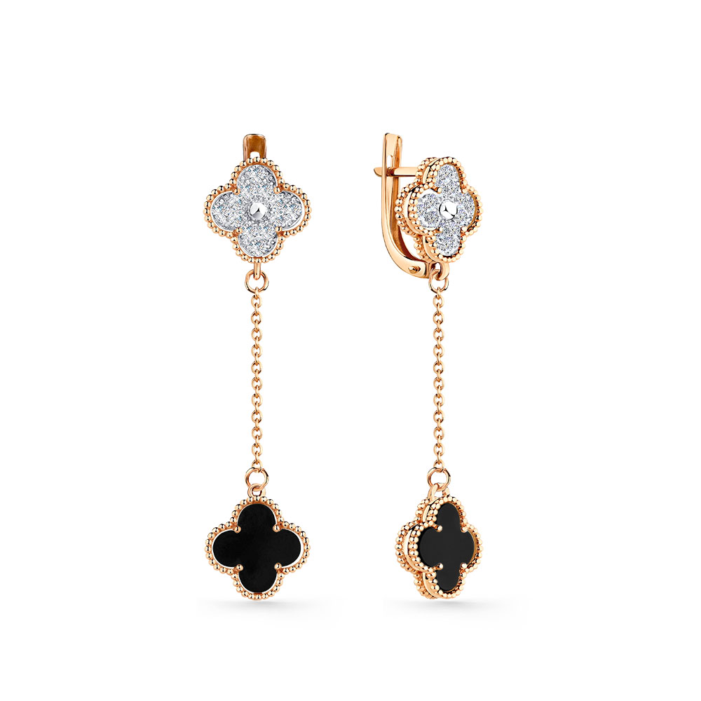Cercei Suspendați din aur roșu cu pietre Cubic Zirconia Incolor, Agat negru