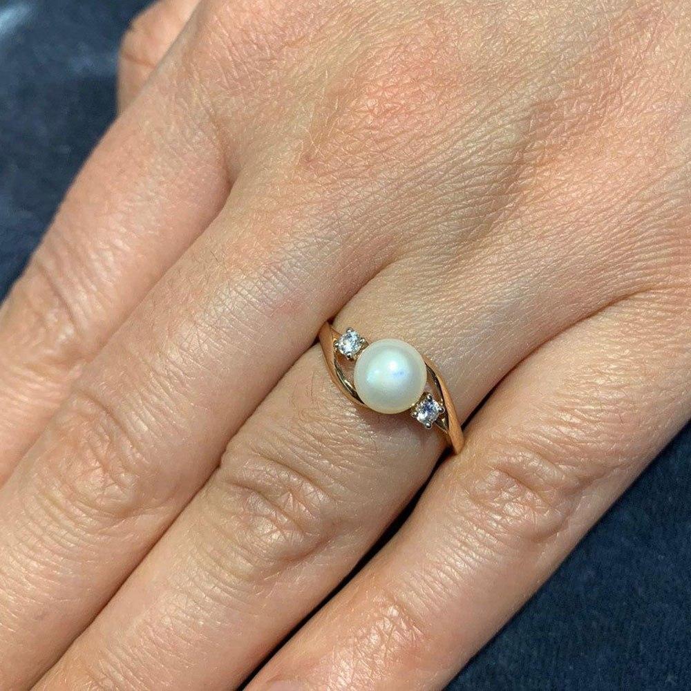 Inel din aur roșu cu pietre Cubic Zirconia Incolor, Perla Albă