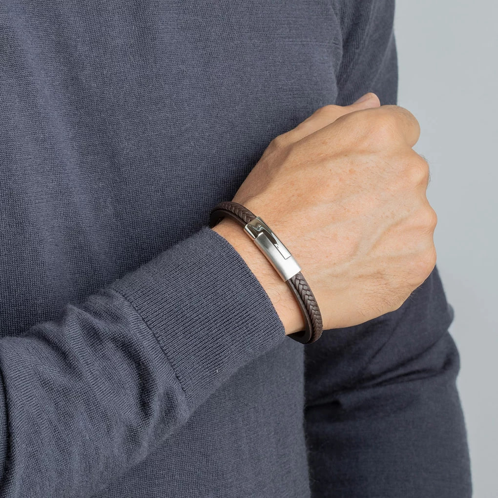 Brățara p/u bărbați din oțel  cu pietre Piele presată