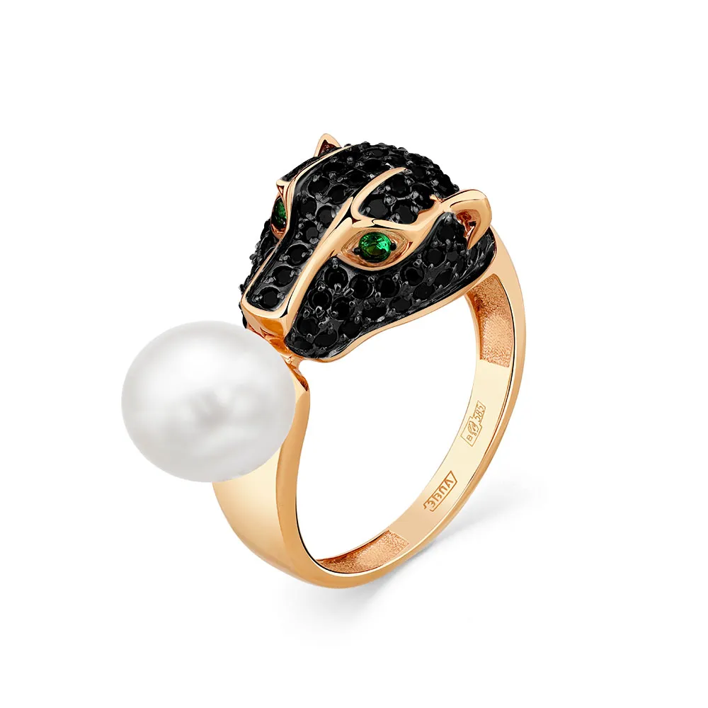 Inel din aur roșu cu Cubic Zirconia Negru, Cubic Zirconia Verde și Perla Albă