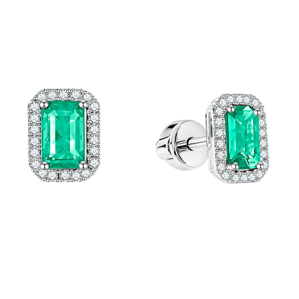 Cercei Pusete din aur alb cu pietre Diamant, Smarald