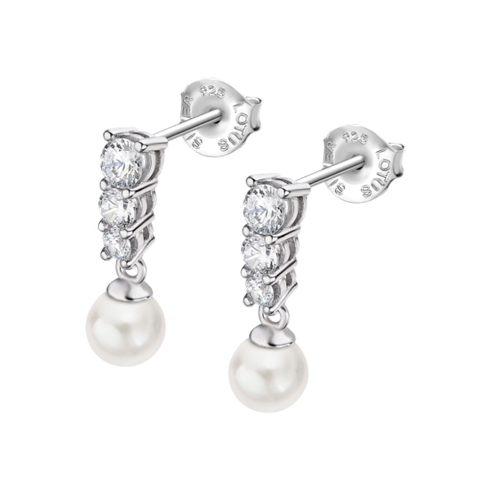 Cercei Pusete din argint  cu pietre Cubic Zirconia Incolor, Perla Albă
