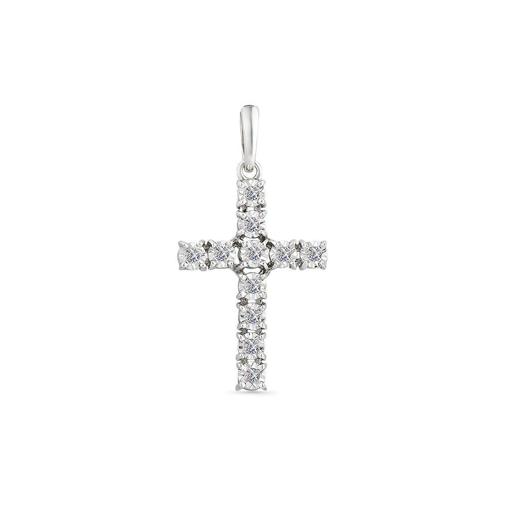 Крестик из белого золота с камнями Бриллиант