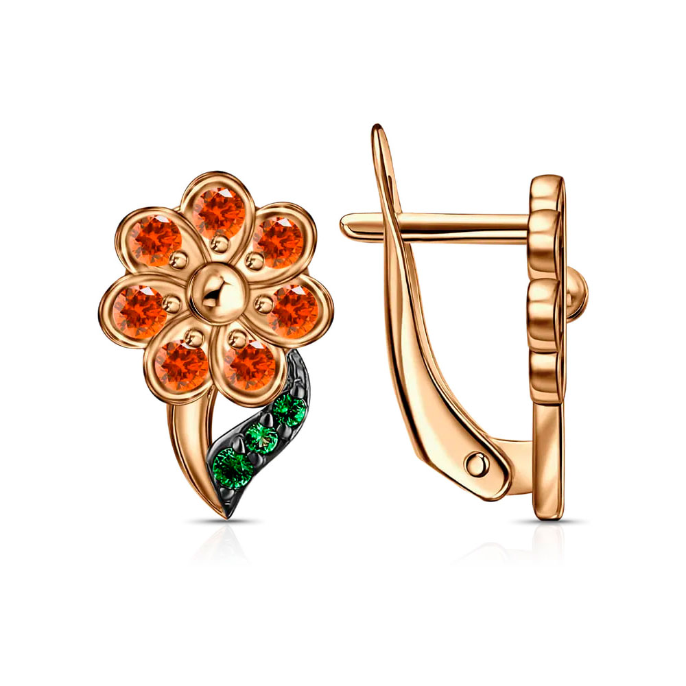 Cercei p-u copii din aur roșu cu Cubic Zirconia Orange, Cubic Zirconia Verde