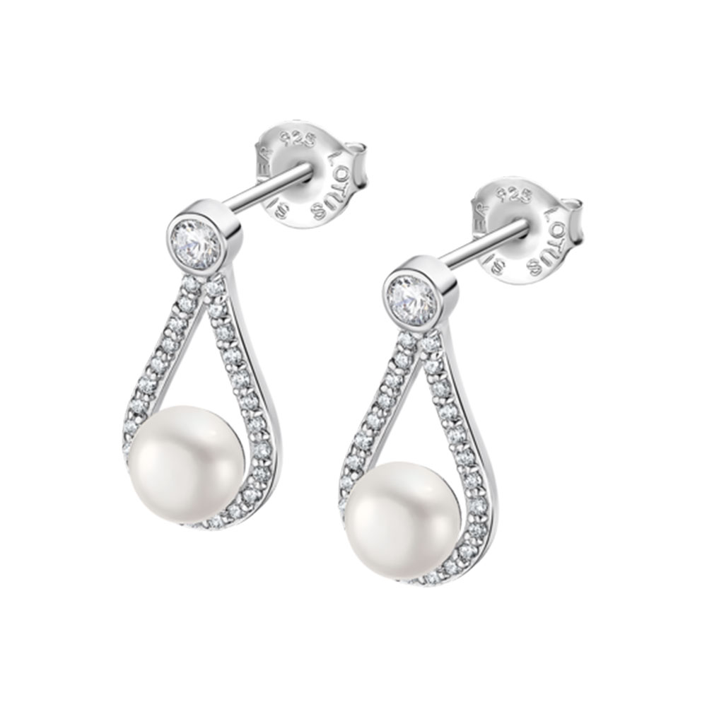 Cercei Pusete din argint  cu pietre Cubic Zirconia Incolor, Perla Albă