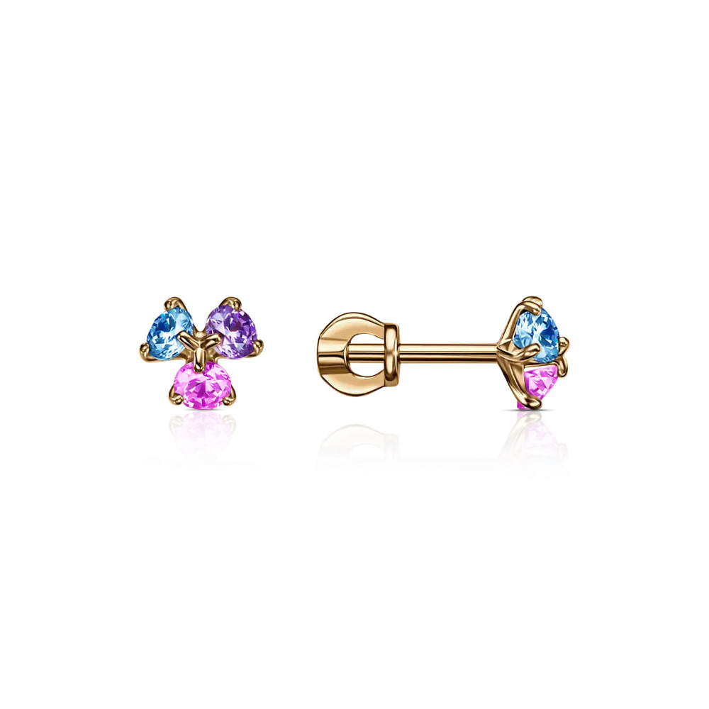 Cercei Pusete din aur roșu cu pietre Cubic Zirconia Albastru, Cubic Zirconia Roz și Cubic Zirconia Liliachiu