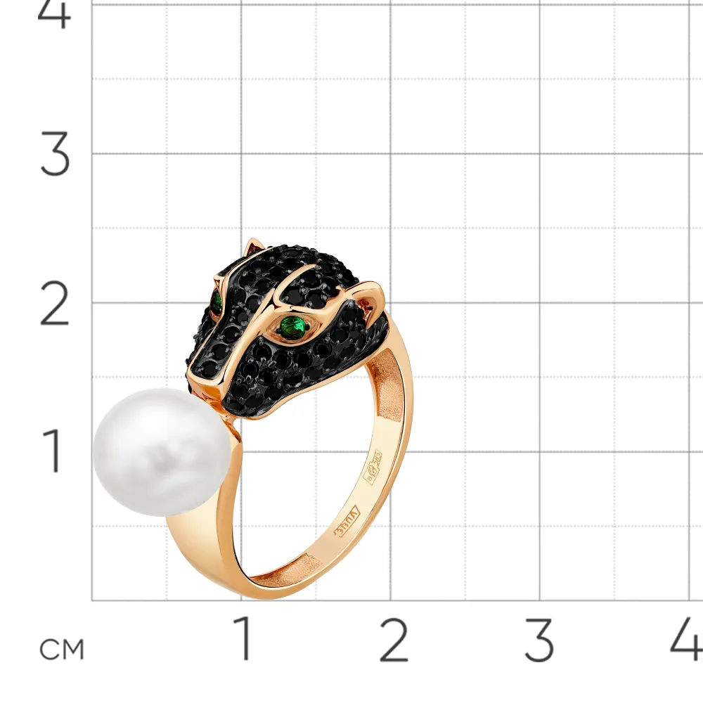Inel din aur roșu cu Cubic Zirconia Negru, Cubic Zirconia Verde și Perla Albă