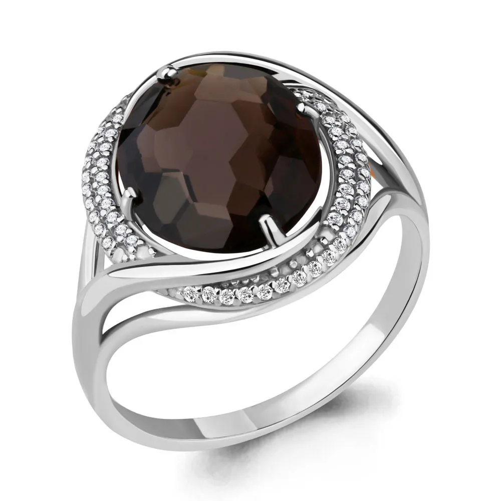 Inel din aur alb cu Cubic Zirconia Incolor, Cuarț fumuriu