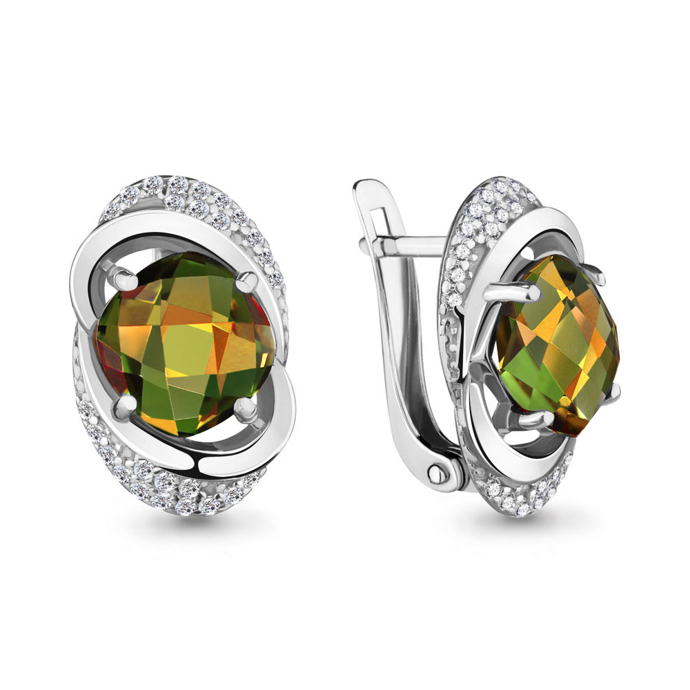 Серьги из белого золота с камнями Фианит, Султанит (синт.)