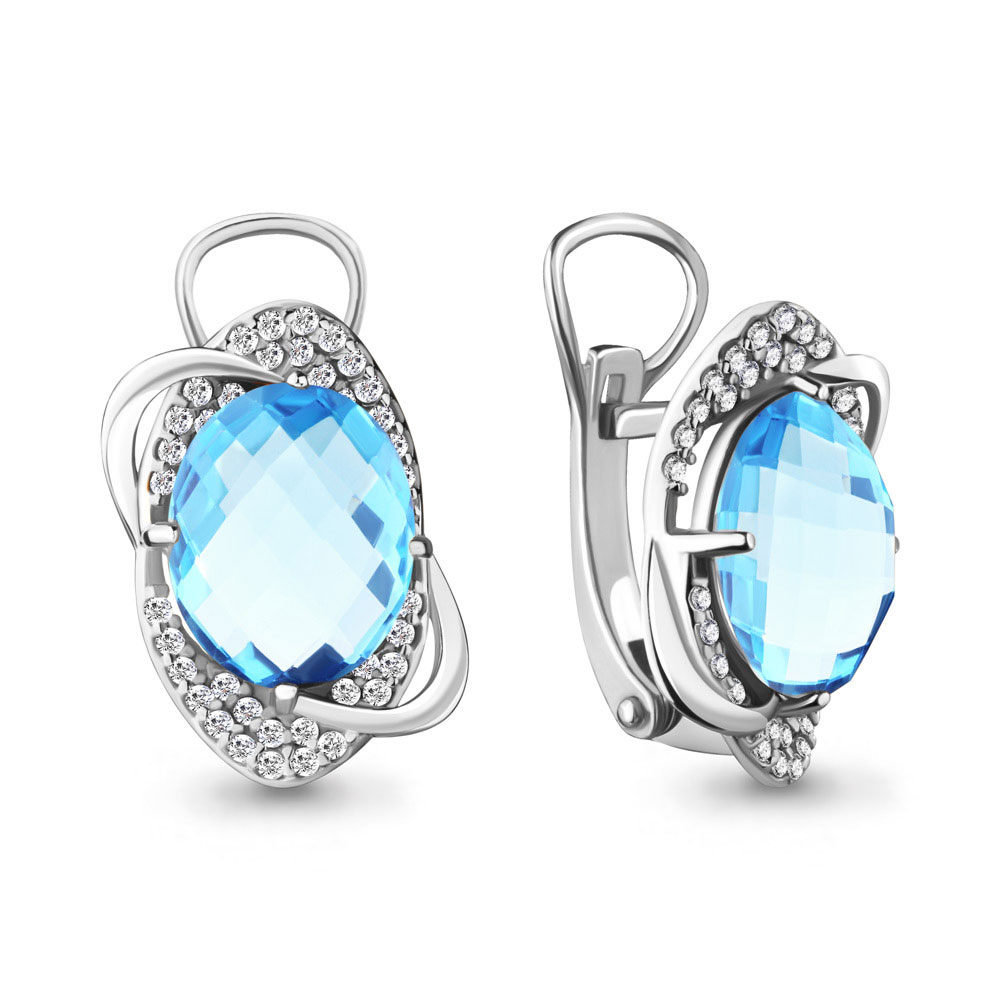 Cercei din aur alb cu pietre Cubic Zirconia Incolor, Topaz albastru