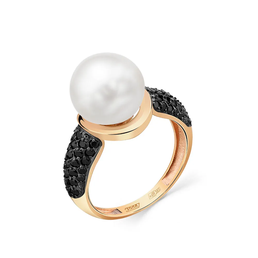 Inel din aur roșu cu Cubic Zirconia Negru, Perla Albă