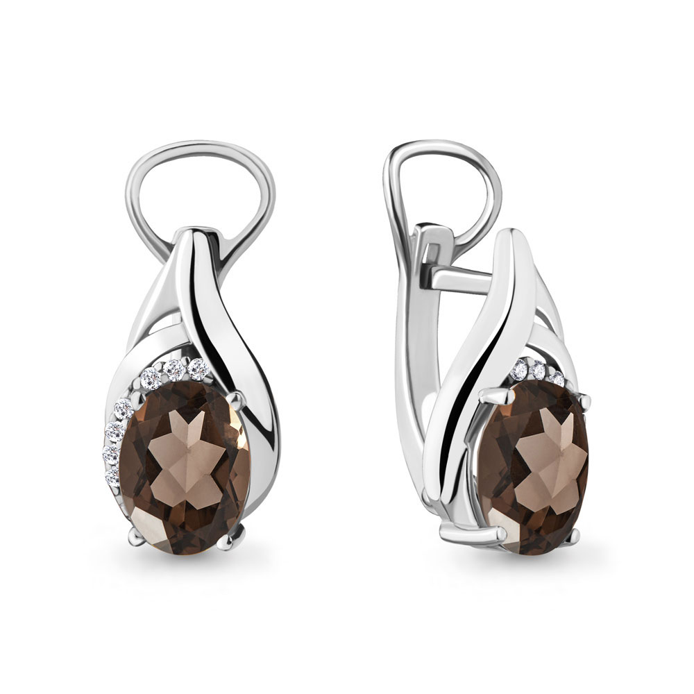 Cercei din aur alb cu pietre Cubic Zirconia Incolor, Cuarț fumuriu