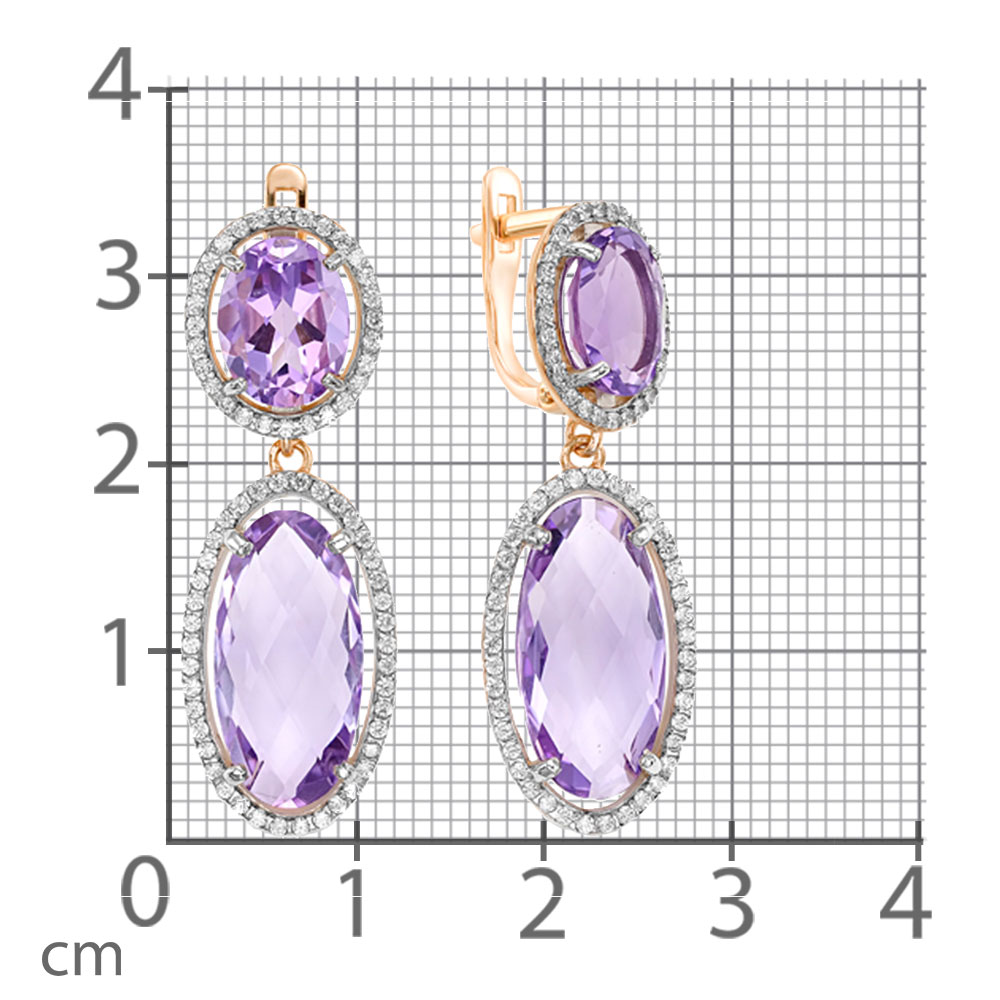 Серьги Длинные из красного золота с камнями Фианит, Аметист