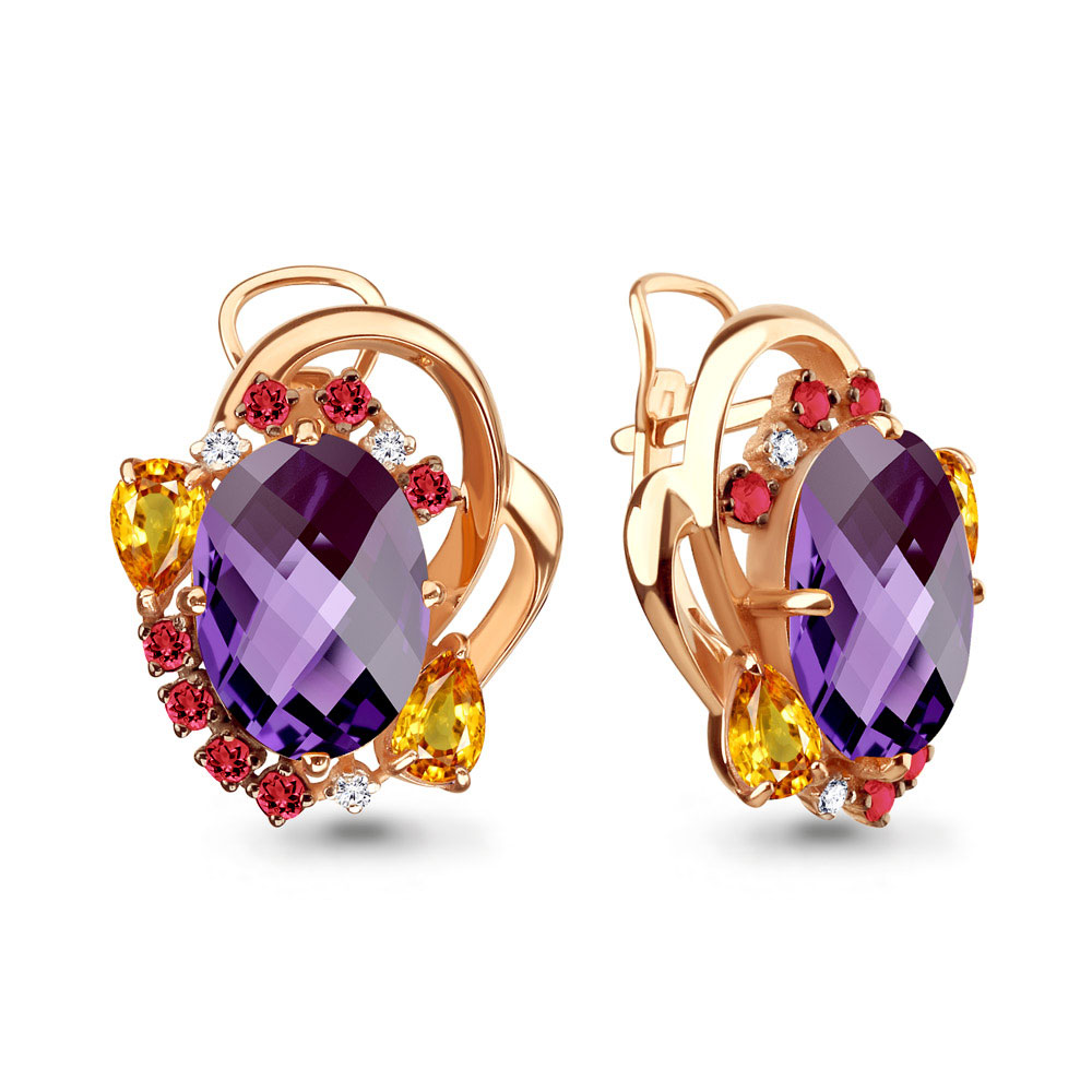 Cercei din aur roșu cu pietre Cubic Zirconia Incolor, Citrin și Ametist
