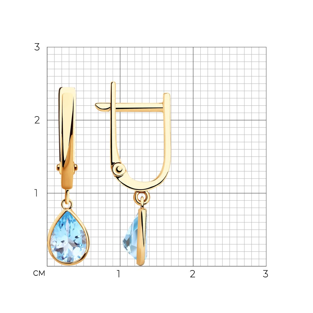 Серьги Длинные из красного золота с камнями Топаз голубой