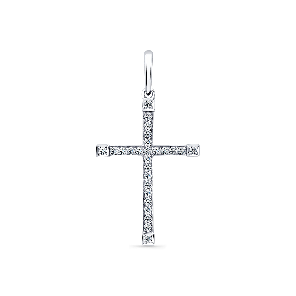 Крестик из белого золота с камнями Бриллиант