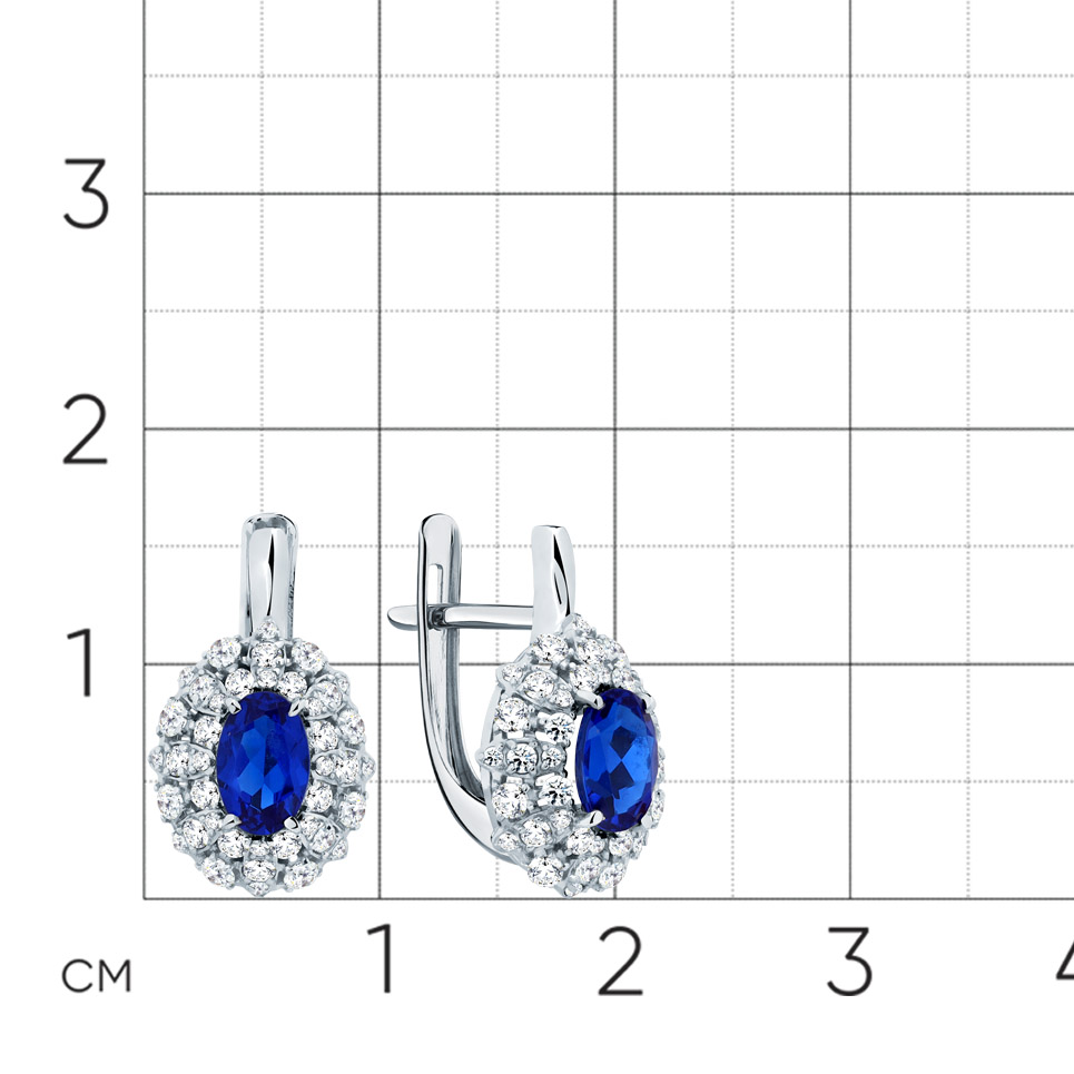 Серьги из белого золота с камнями Фианит, Синтетический сапфир