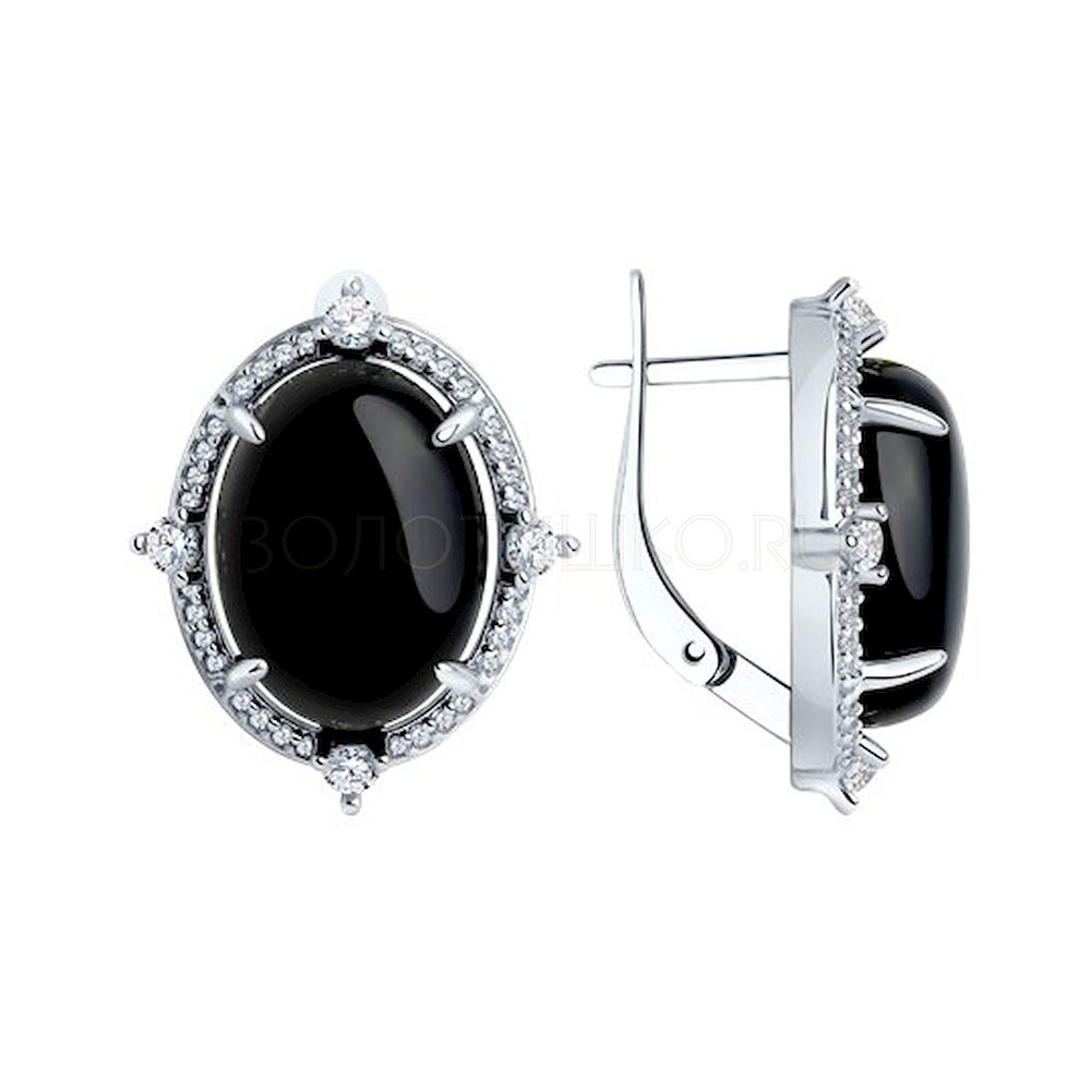 Серьги из серебра с камнями Фианит, Агат черный
