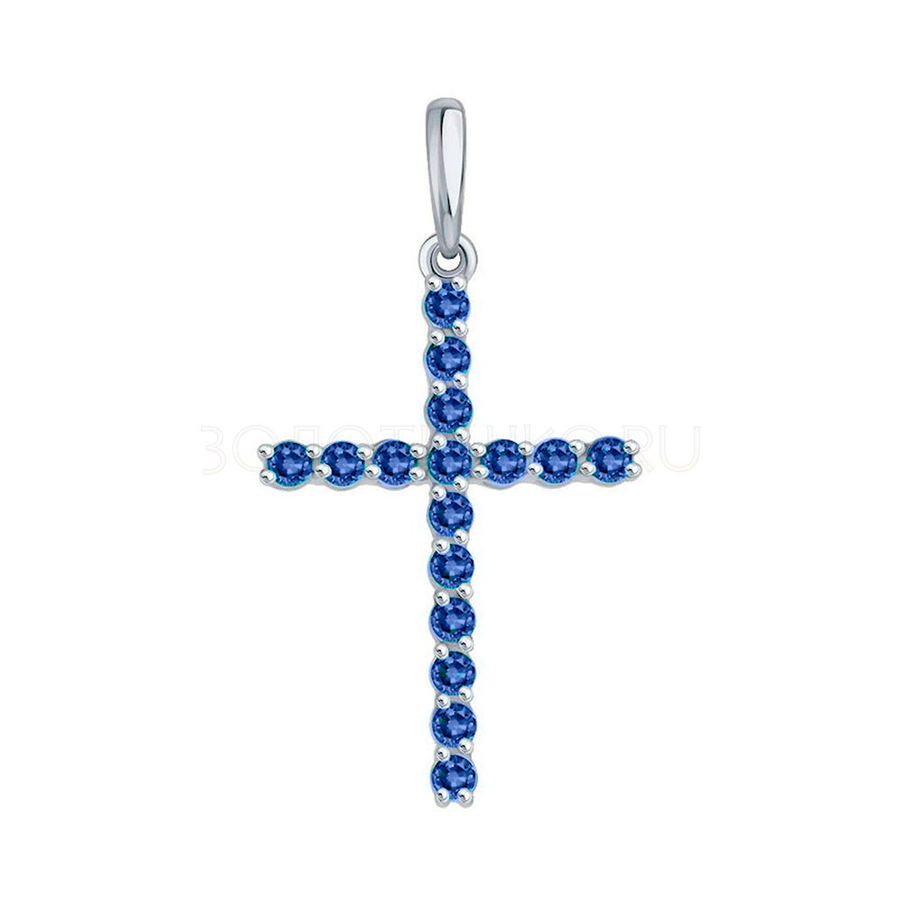 Крестик из белого золота с камнями Сапфир