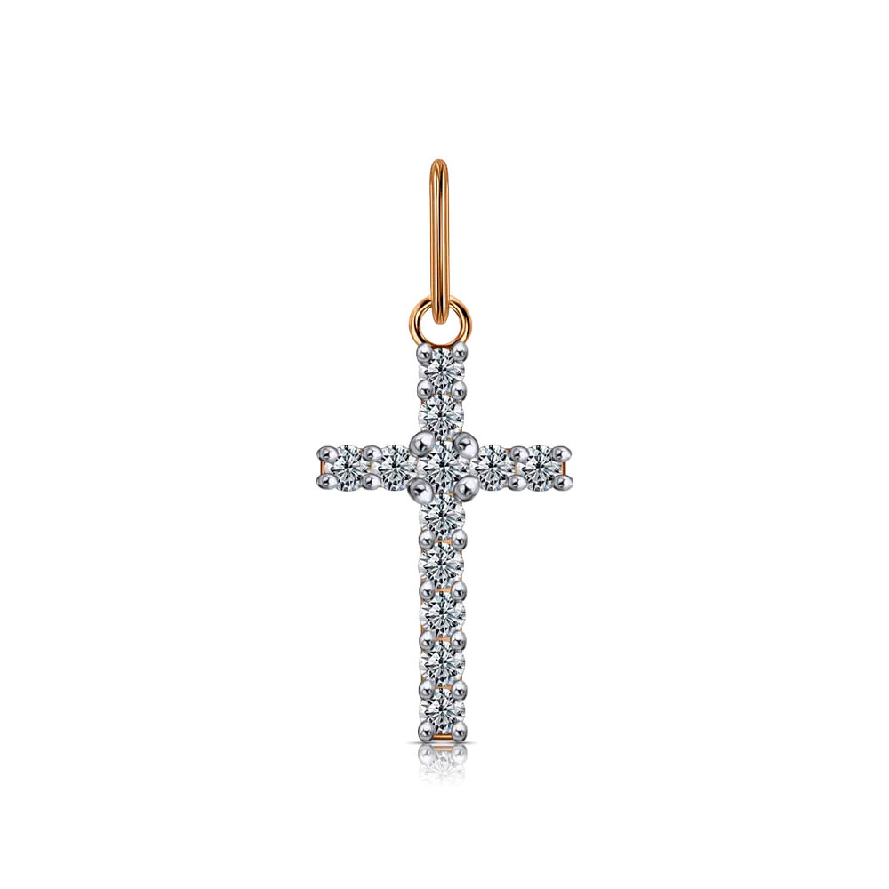 Cruce din aur roșu cu pietre Cubic Zirconia Incolor