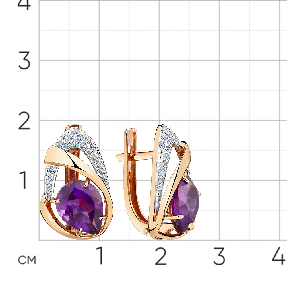Серьги из красного золота с камнями Фианит, Аметист