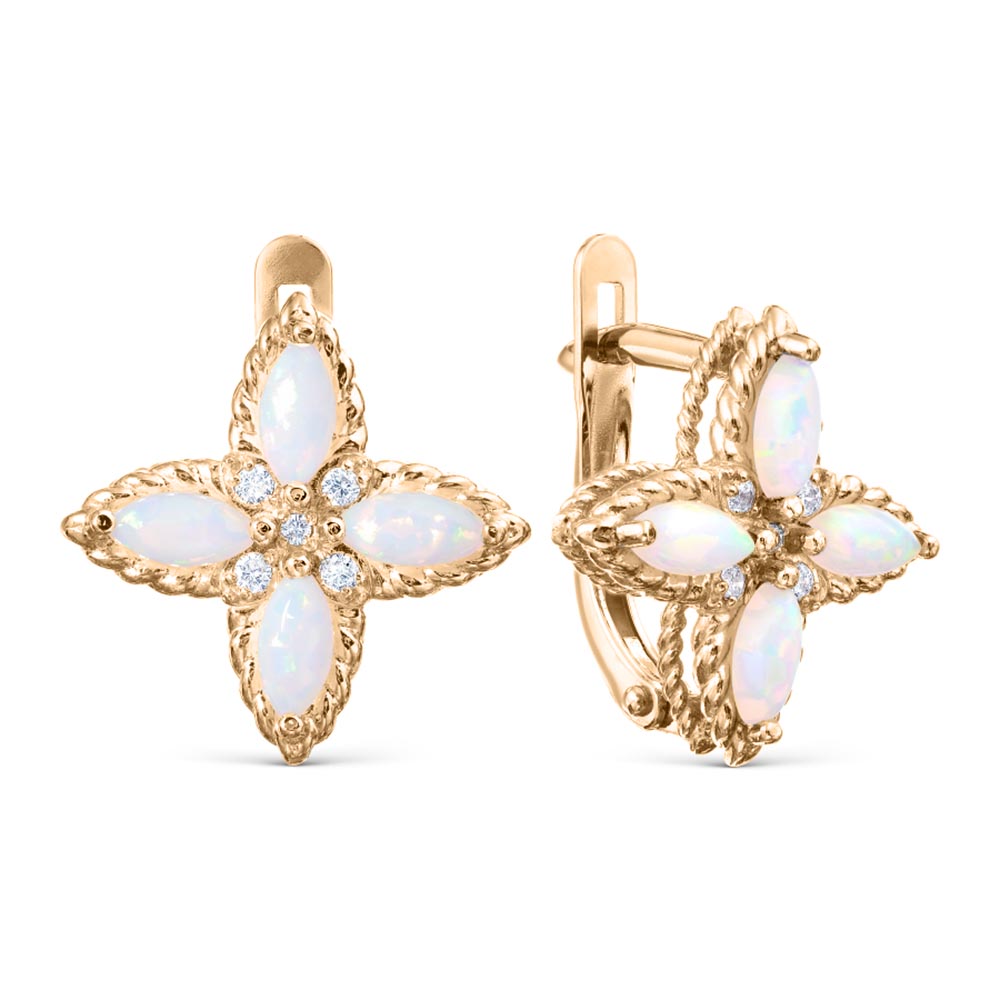 Серьги из красного золота с камнями Фианит, Опал (синт.)