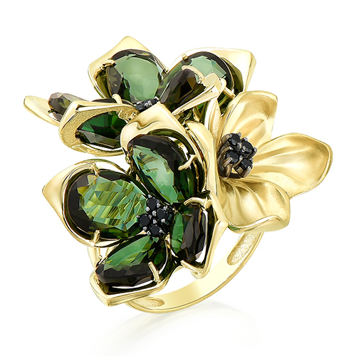 Кольцо из желтого золота с камнями Турмалин (синт.), Шпинель (синт.)
