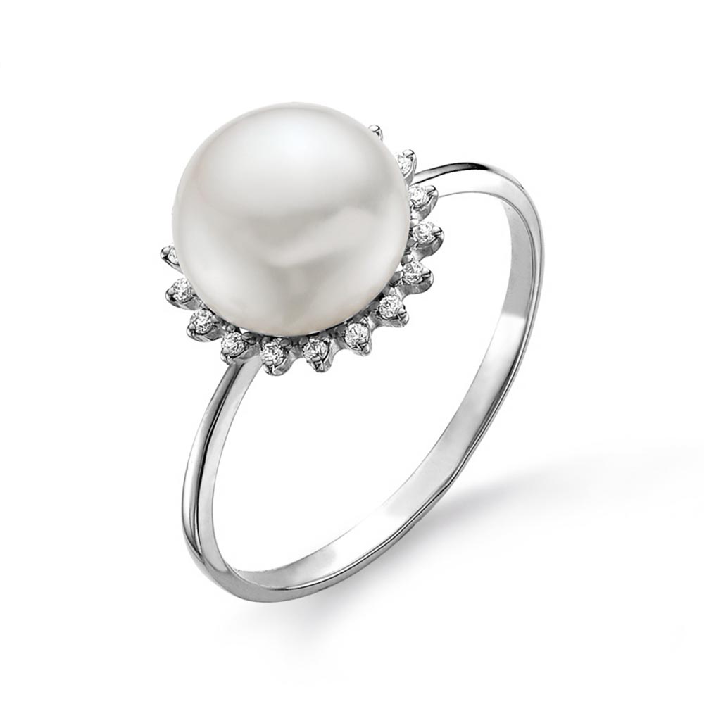 Inel din aur alb cu pietre Cubic Zirconia Incolor, Perla Albă