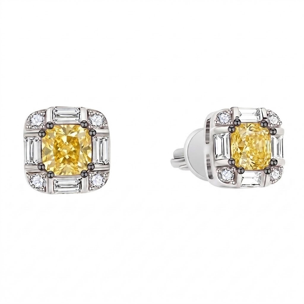 Cercei Pusete din aur alb cu Diamant, Diamant galben