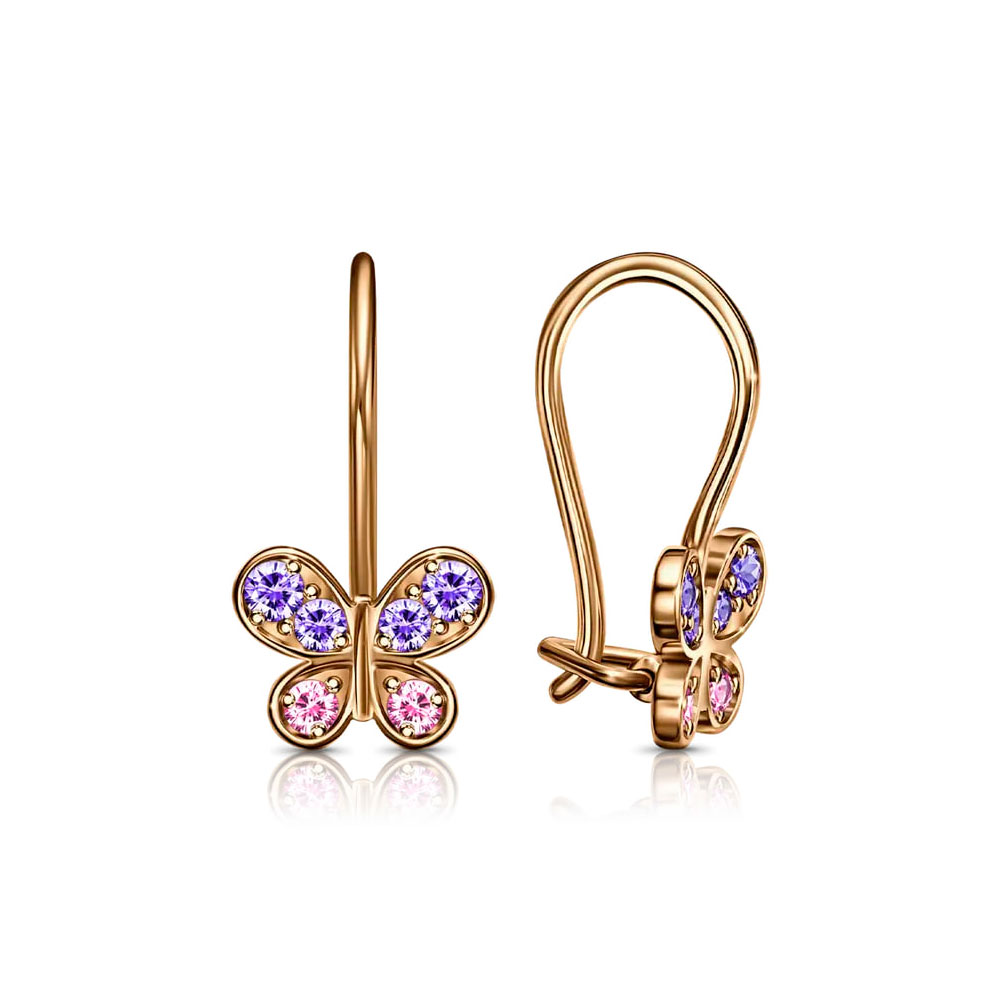 Cercei p-u copii din aur roșu cu pietre Cubic Zirconia Roz, Cubic Zirconia Liliachiu