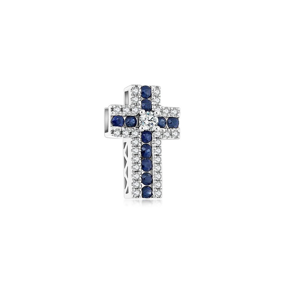 Крестик из белого золота с камнями Бриллиант, Сапфир