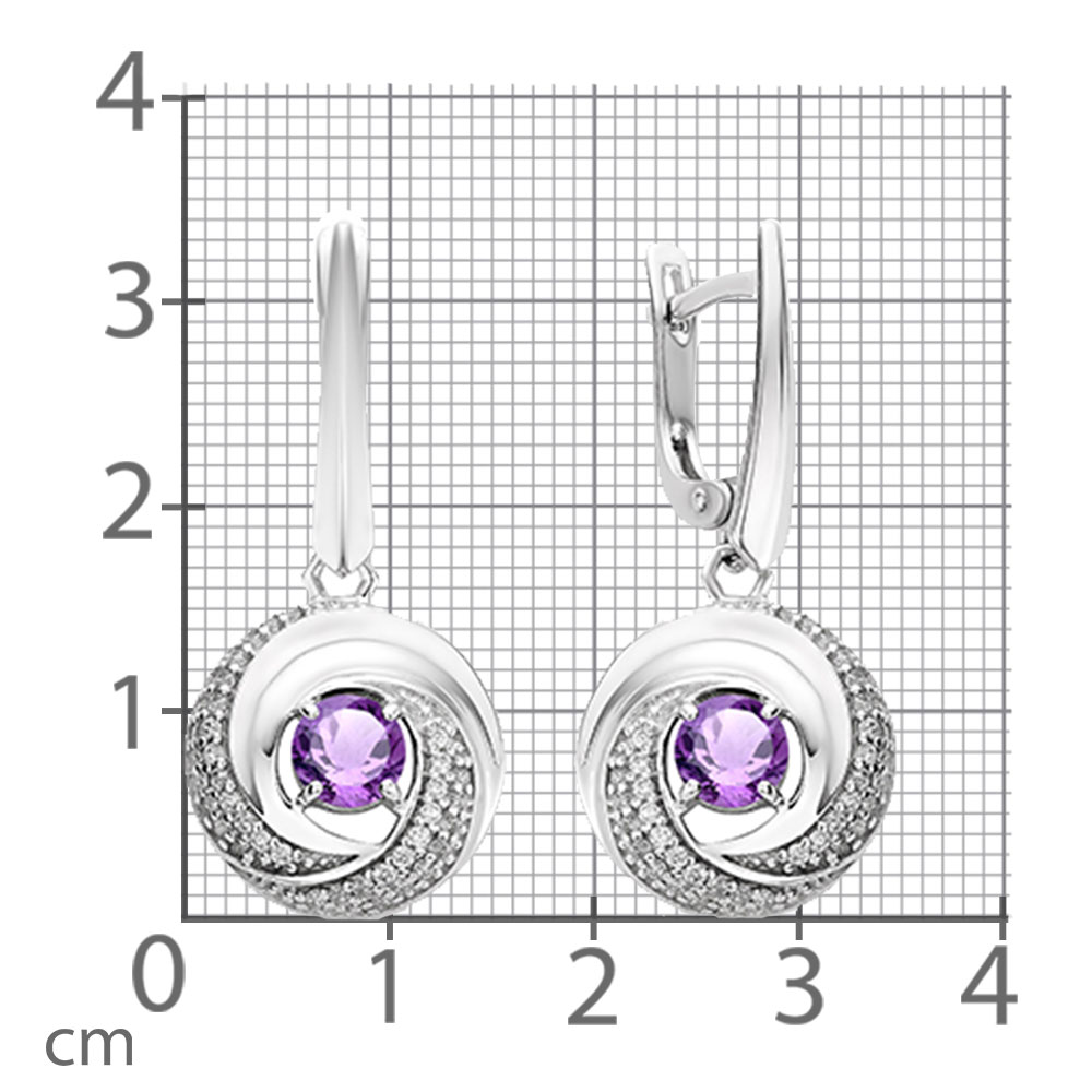 Серьги Длинные из серебра с камнями Фианит, Аметист