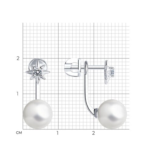 Серьги Пусеты из серебра с камнями Фианит, Жемчуг имит.