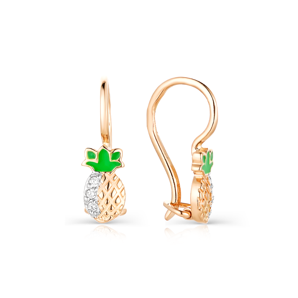 Детские серьги из красного золота с камнями Фианит, Эмаль