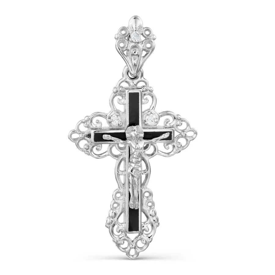 Cruce din aur alb cu Cubic Zirconia Incolor, Emailare