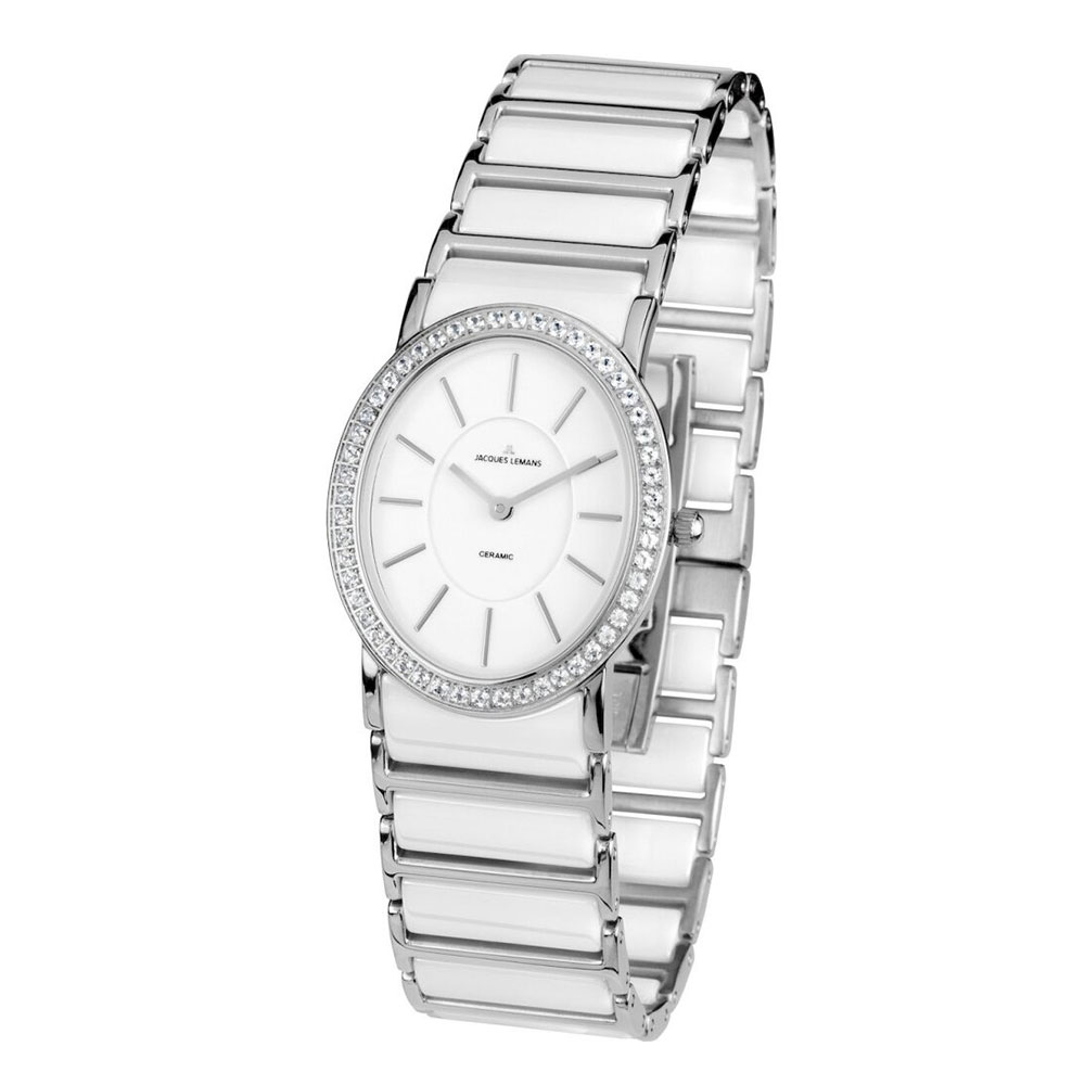 Ceas JACQUES LEMANS cu pietre Swarovski, Ceramica albă