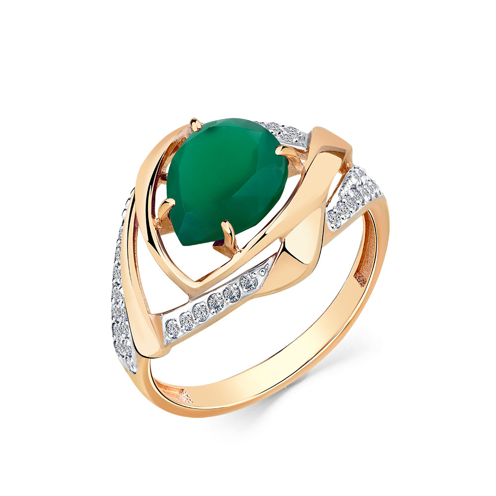 Inel din aur roșu cu pietre Cubic Zirconia Incolor, Agat verde