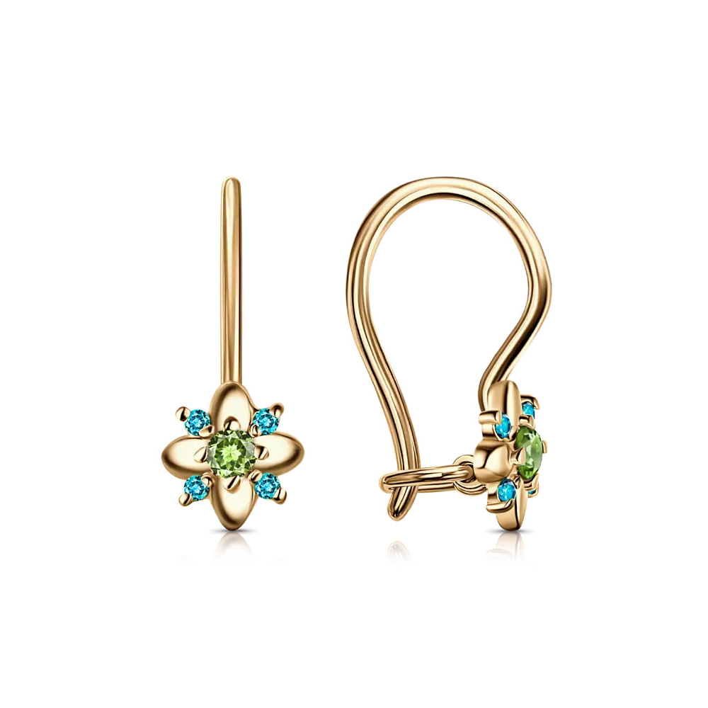 Cercei p-u copii din aur roșu cu pietre Cubic Zirconia Albastru, Cubic Zirconia Verde