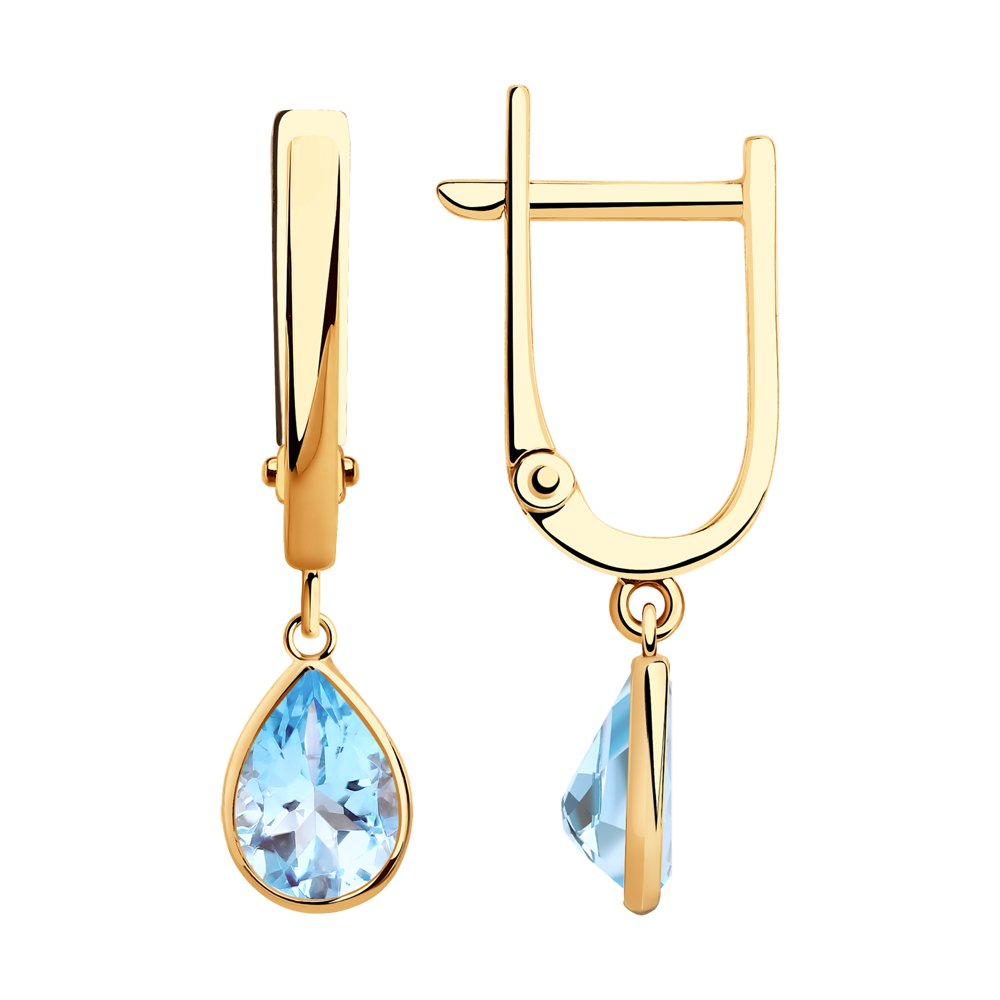 Серьги Длинные из красного золота с камнями Топаз голубой