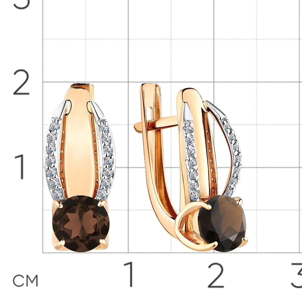 Серьги из красного золота с камнями Фианит, Кварц дымчатый