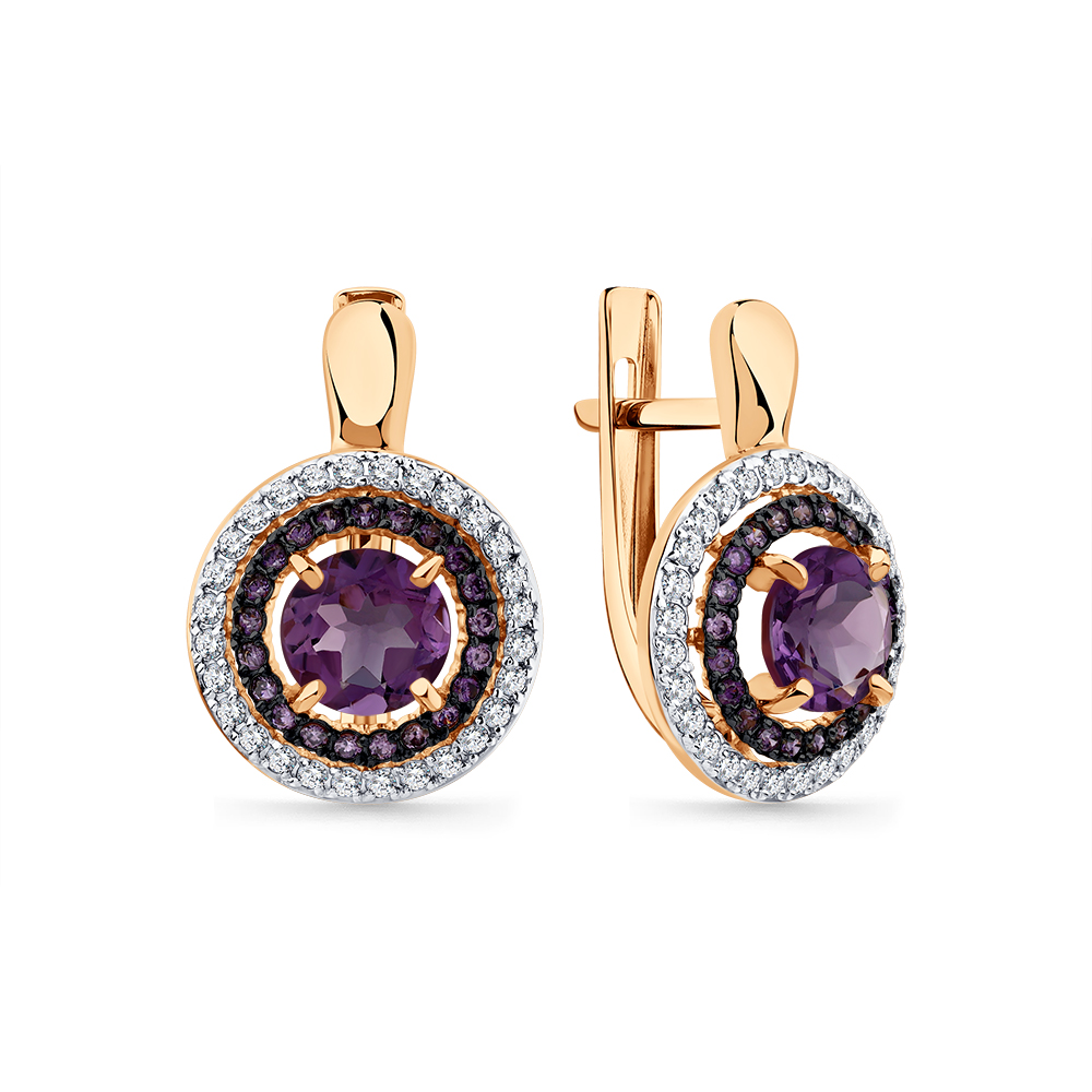 Cercei din aur roșu cu pietre Cubic Zirconia Incolor, Cubic Zirconia Liliachiu și Ametist