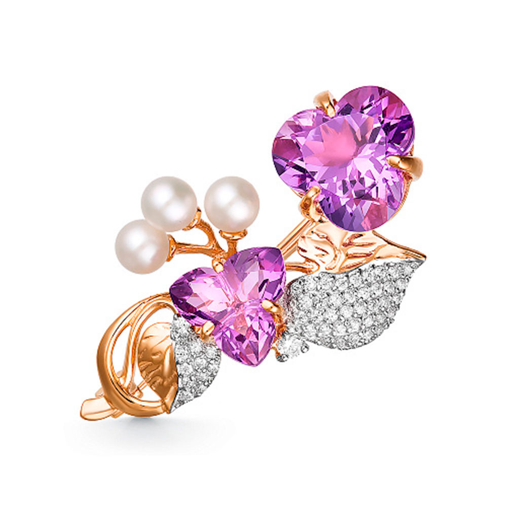 Broșă din aur roșu cu pietre Cubic Zirconia Incolor, Ametist și Perla Albă