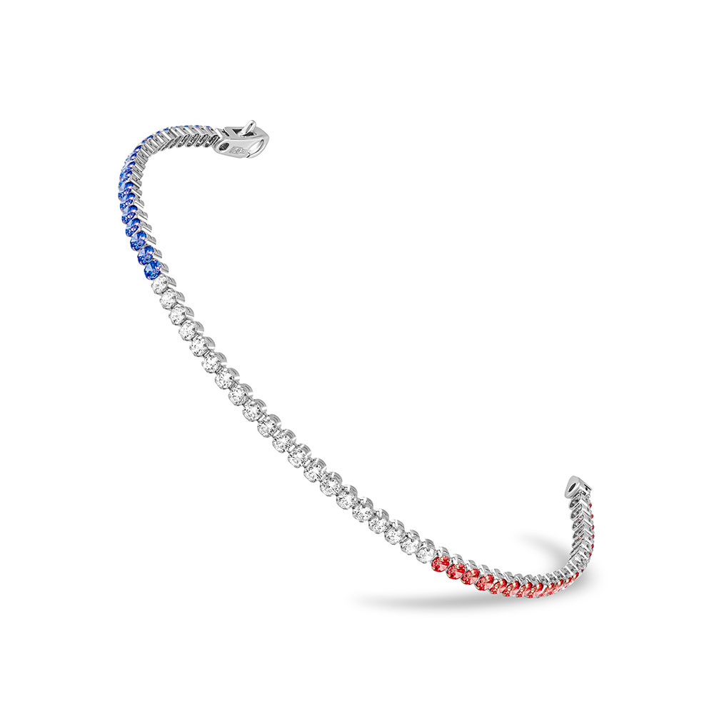 Brățară Tennis din aur alb cu pietre Cubic Zirconia Incolor, Cubic Zirconia Albastru Safir și Cubic Zirconia Roșu