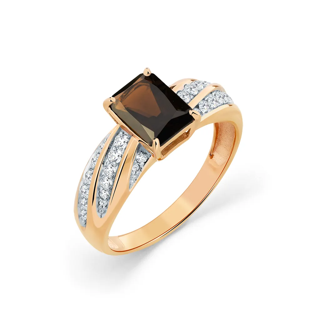 Inel din aur roșu cu Cubic Zirconia Incolor, Cuarț fumuriu