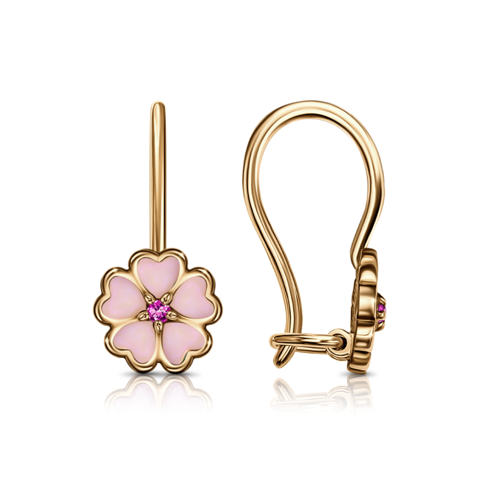 Детские серьги из красного золота с камнями Фианит Розовый, Эмаль