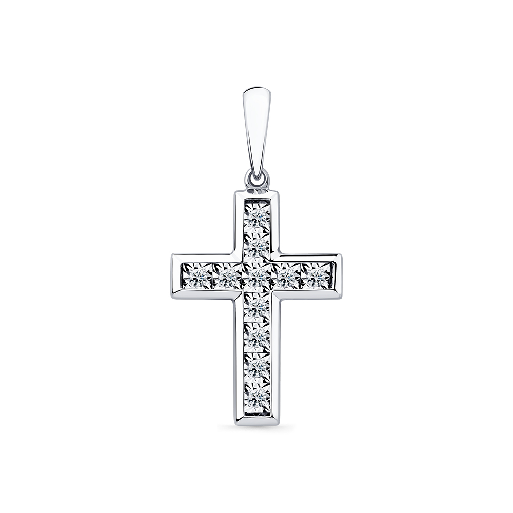 Крестик из белого золота с камнями Бриллиант