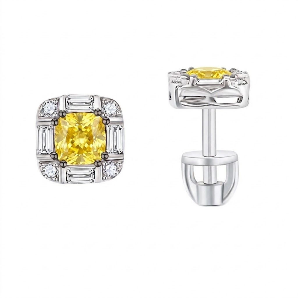 Cercei Pusete din aur alb cu Diamant, Diamant galben