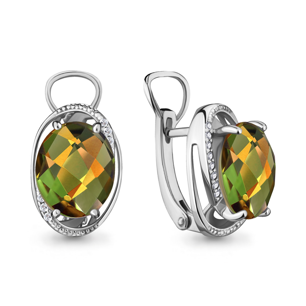 Серьги из белого золота с камнями Фианит, Султанит (синт.)