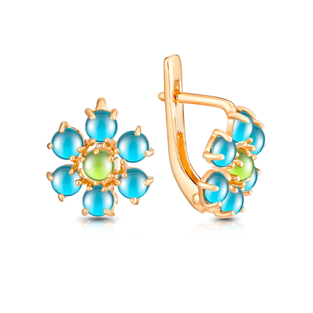 Детские серьги из красного золота с камнями Фианит Зелёный, Фианит Синий